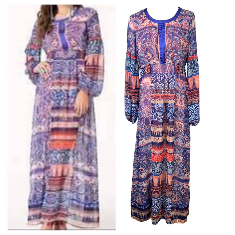 Bebe Balloon Sleeve Mixed Print Boho Maxi Dress.
